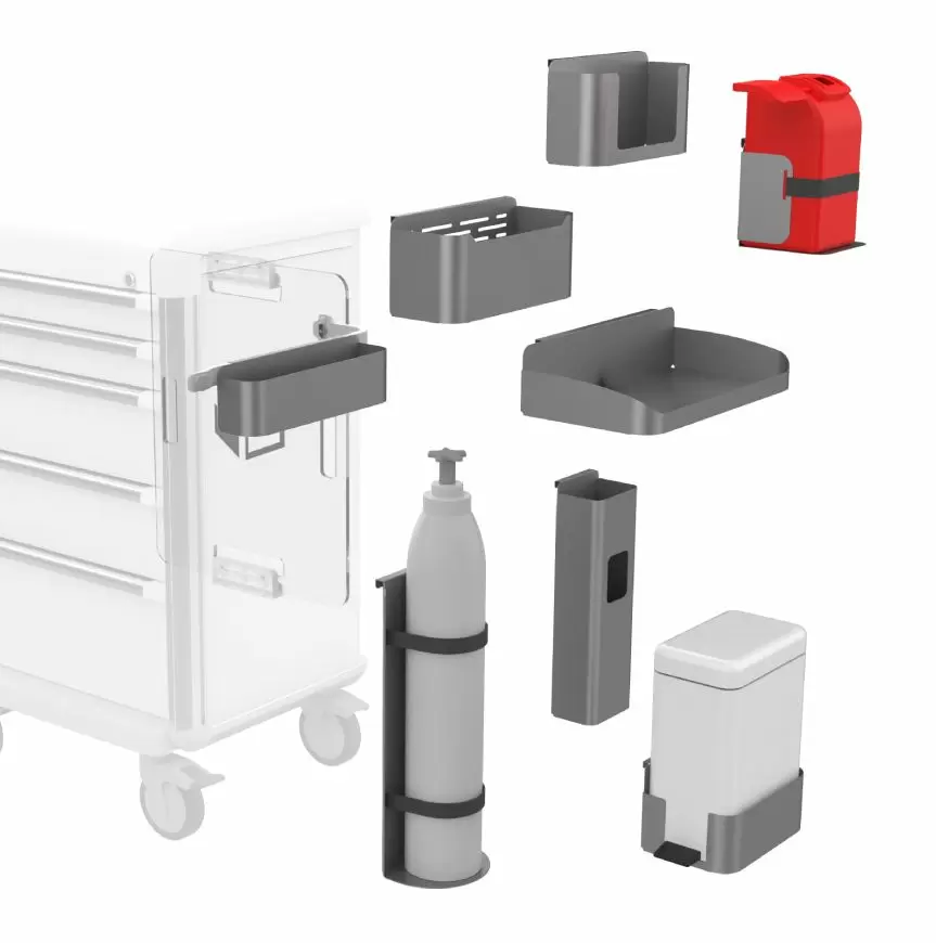 Medical cart accessories to be mounted on side of medical cart or trolley.