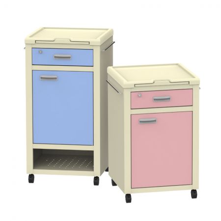 Kompakter Krankenhausnachttisch mit Rollen (blau/rosa) - Medizinischer Nachttisch mit Schubladen und Stauraum.