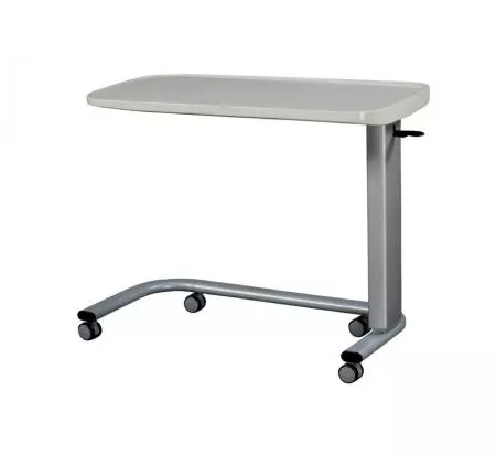 Hospital Solid-Surface Top Overbed Table on Castors - Adjustable hospital overbed table with solid surface top and castors for easy mobility.