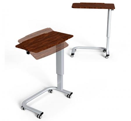 طاولة فوق السرير الطبية ذات الملمس الخشبي القابلة للإمالة على عجلات - طاولة طبية على عجلات مع تصميم قابل للإمالة.