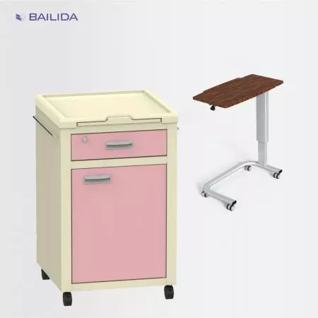 Bedside Equipment - Medical bedside cabinets, overbed tables, and IV pole designed for optimal patient comfort and care.