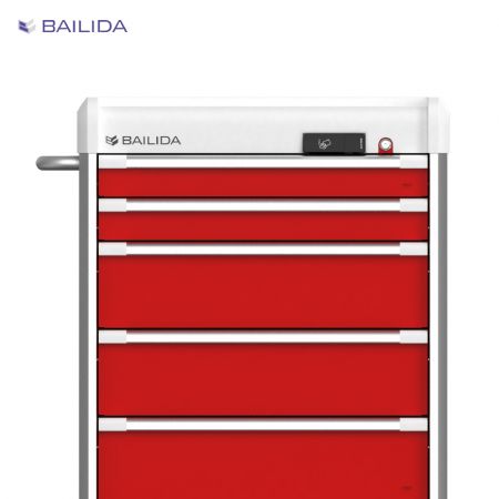 Ottimizza la sicurezza del nostro carrello codice di emergenza con cassetti centralizzati anteriori e sistema di bloccaggio a chiave centrale.