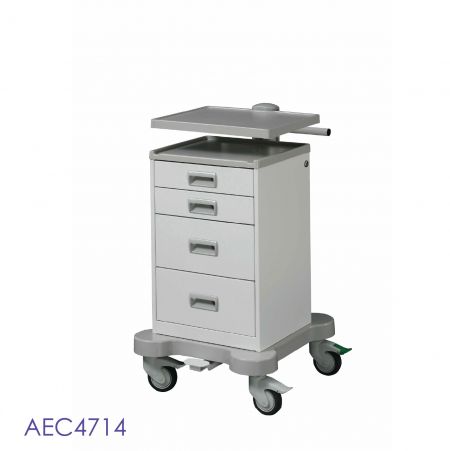 Four-drawer modular equipment cart with a height-adjustable top tray, foot pedal for adjustment, and caster wheels for mobility.