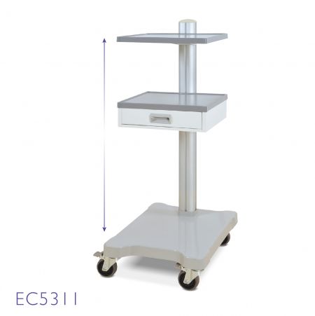 Single-drawer, two-shelf modular equipment cart with aluminum pole and caster base.