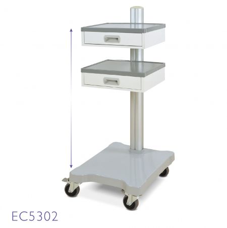 Two-drawer, single-shelf modular equipment cart with aluminum pole and casters.