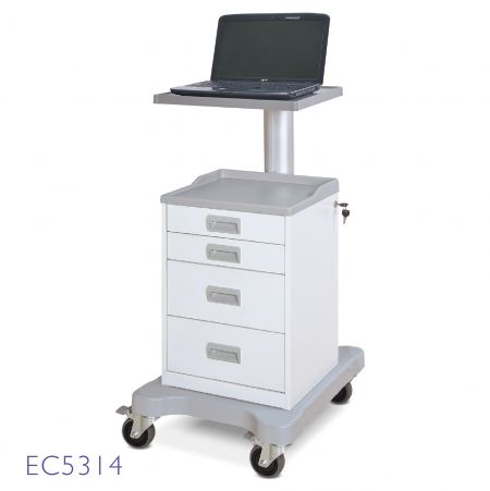 Four-drawer workstation cart with locking system and mobility features.