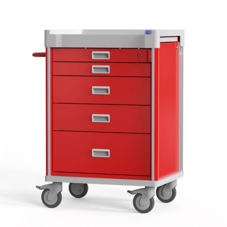 Emergency Medical Cart with Metal Locking Bar , Tool Mount Height adjustable side rail for accessories, Auto-return drawer sliders