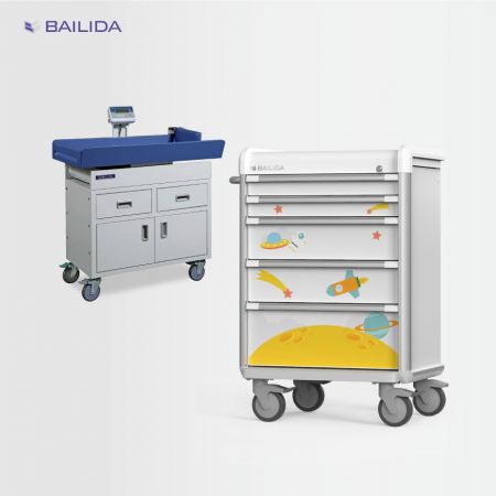 Pädiatrische Ausrüstung - Pädiatrischer Medizinwagen und Untersuchungstisch für effiziente und sichere Kinderversorgung in Kliniken.