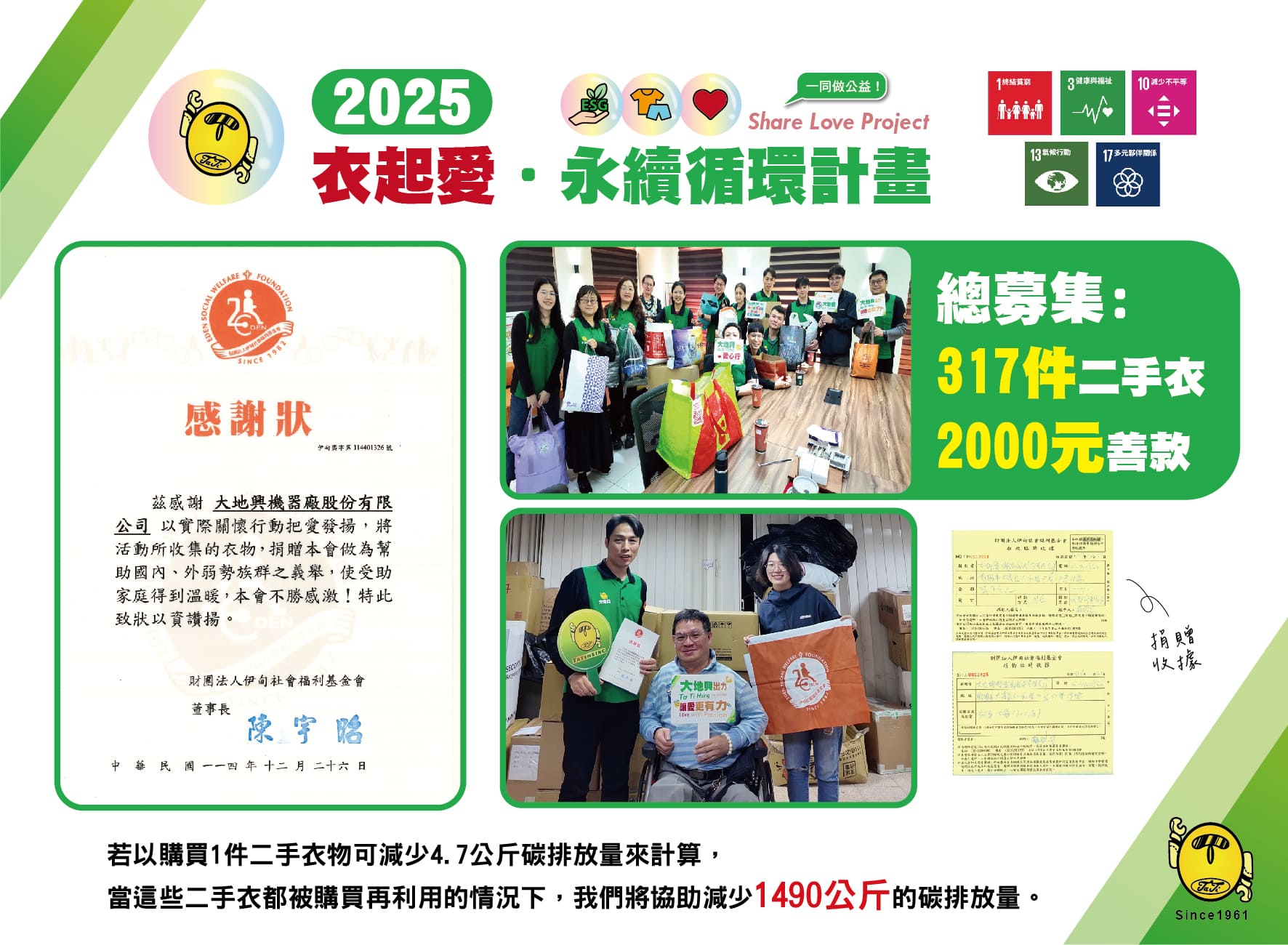大地興「衣起愛・永續循環計畫」成果海報,展示舊衣回收活動的減碳效益與對聯合國永續發展目標的支持。