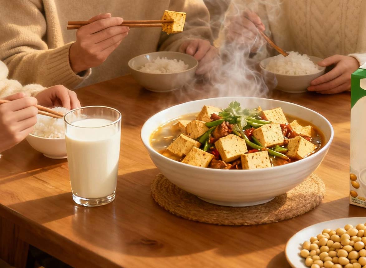溫馨的家庭餐桌上擺滿豆腐、豆漿等黃豆製品,象徵冬季健康的植物性蛋白飲食。
