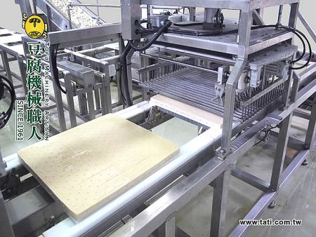 多刀式豆腐切割機 - 大地興 ACM-3000 多刀式豆腐切割機，正在豆腐生產線上進行精準切割作業