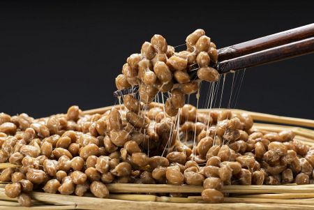 發酵黃豆的功效與益處 - 筷子夾起發酵黃豆（納豆），展現其獨特的黏稠牽絲質地，象徵其豐富的健康益處。