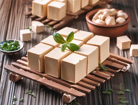 豆腐已成為主流食品了嗎？ - 木盤上盛裝著新鮮的豆腐塊、羅勒與蘑菇，呈現健康美味的植物性蛋白質選擇。