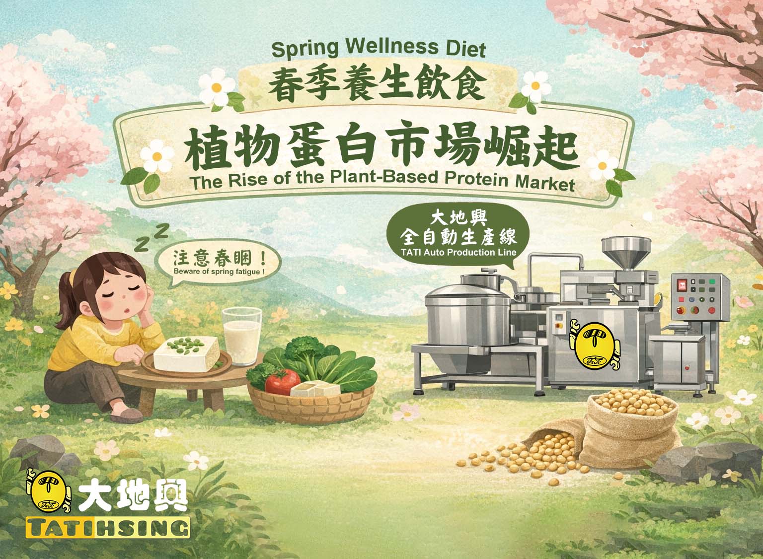 春季養生飲食趨勢,強調植物性蛋白質與大地興黃豆食品自動化生產設備的關聯。