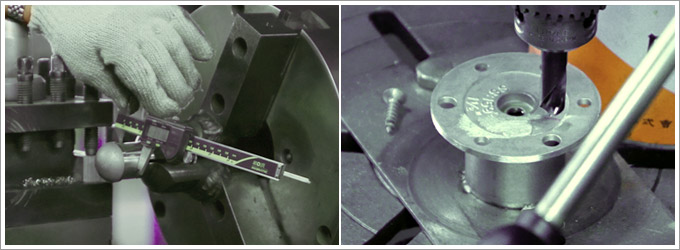 Die Drehmaschine wird zum Bohren von Löchern in Handlaufbefestigungssockel eingesetzt