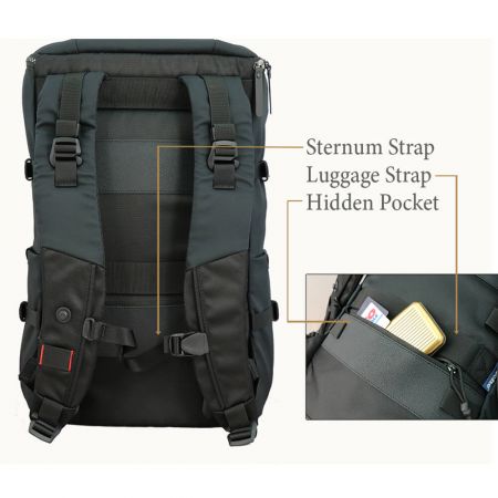 Komfortabel rygsæk med luftgennemstrømning, aftagelige skulderstropper, tyverisikret lomme, bagagestrop og bryststrop.