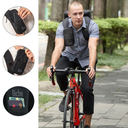 Ultra-lightweight commuter Daypack, ergonomics and adjustable padding shoulder straps with a transport/credit card sleeve and patented FasRelis System for hanging mobile pouch or Sunglasses.