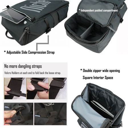 Wide opening main compartment, spacious interior with a removable inner bag, front zippered pocket, adjsutable side compression straps.