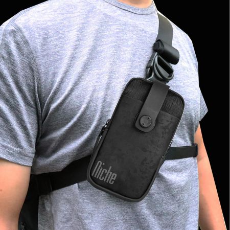 Adjustble shoulder strap can hold phone pouch or other functional pouches.