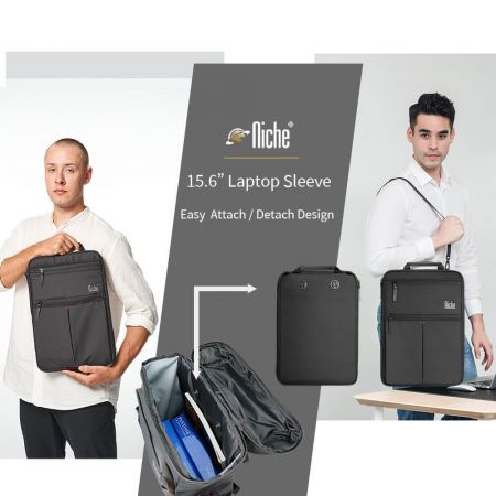 15,6-дюймовая узкая сумка для ноутбука с несколькими организационными карманами на молнии, быстросъемной магнитной застежкой и съемным плечевым ремнем.