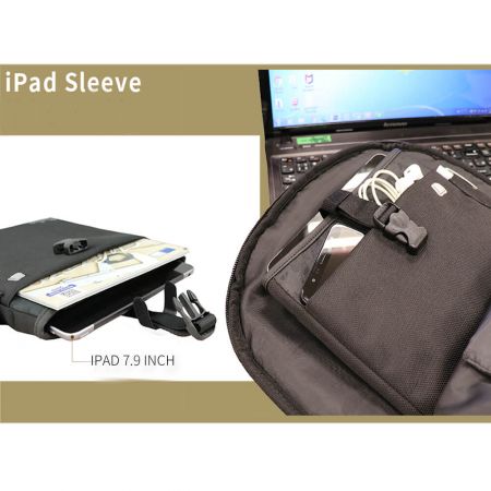 Funda para iPad de 7.9 pulgadas con bolsillo frontal, soporte para bolígrafo y cierre de hebilla de liberación rápida.