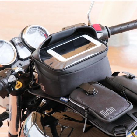 Motorcycle GPS Tank Bag and Smart Phone pouches easily mounted onto Motorcycle Gas Tank pad.