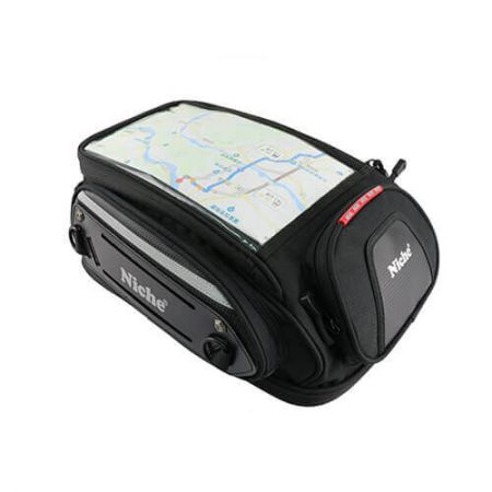 Magnetic tank bag with a clear map window or iPad with touch screen, and anti-scratch material base.