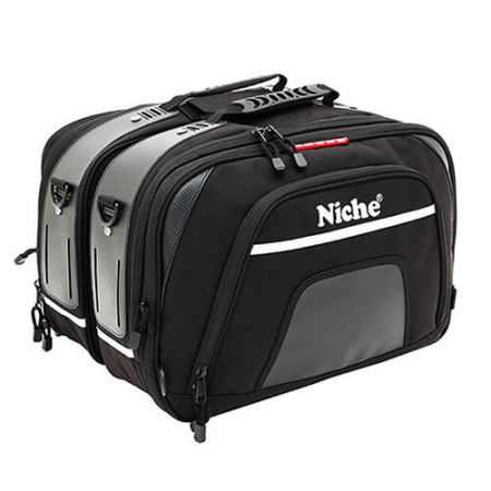 Briefcase design motorcycle Saddle Bag set made of a heavy-duty fabric shell with water-resistant backing, rigid foam panels provide structure and protect your gear.