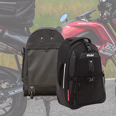 2 Wheels Trolley Seat bag with multi functional flap cover on the back to store the connecting webbing straps and transformed as Travel Luggage bag when off bike. Practicality and versatility Wheel Trolley Motorcycle bag.