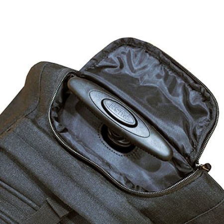 Push-button telescoping handle retracts into a zippered compartment when not in use.