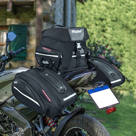 Motorcycle Waterproof Rear Seat bag for Sport bike and Street bike. The combined expandable back seat bag and Niche Pannier bag, perfect for long distance travelling.