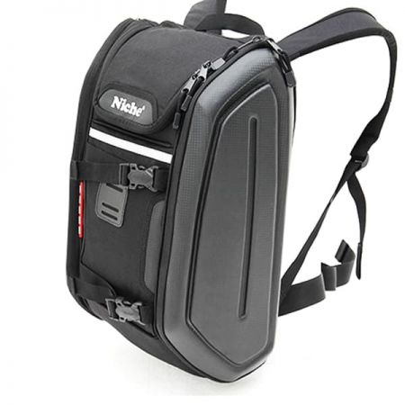 Large Capacity Semi-Hard Side Shell Laptop Backpack made of Water Repellent reinforced ripstop fabric 600D and high density EVA compressed foam. Adjustable Board Straps with Quick Release Buckle at front panel design to carry vertical skateboard.