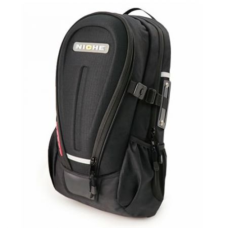 side view of semi hardshell backpack, side waterbottle with clip closure