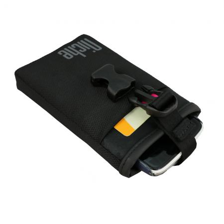 Cell phone holster with two pockets and quick-release buckle can hold cell phone and credit card, convenient to carry.
