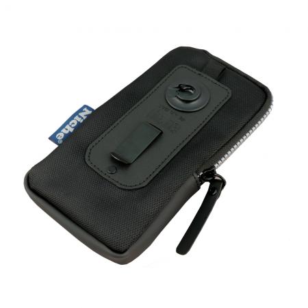 GPS phone holder for motorcycle or bike, magnetic snap and metal clip attachment on the back of pouch.