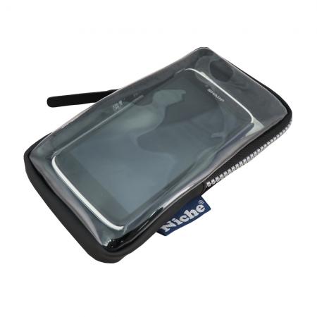 Detachable GPS phone holder with TPU clear touch screen, anti-scratch velvet inner lining and zipper closure.