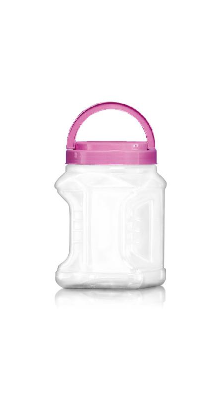 Bocaux carrés à poignée en PET de 2100 ml à large ouverture de 120 mm (J1804) - Pot carré en PET de 2100 ml avec certification FSSC, HACCP, ISO22000, IMS, BV