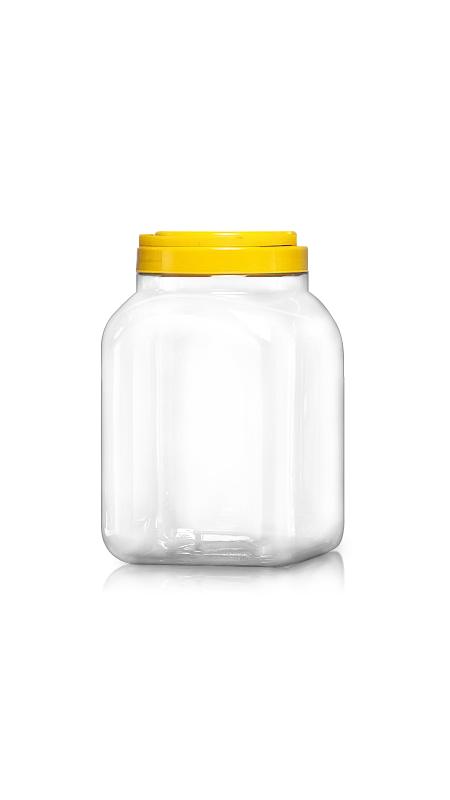 Bocaux jumbo carrés de 4150 ml à large ouverture de 120 mm (J3504) - Bocaux carrés pointus en PET de 4150 ml avec certification FSSC, HACCP, ISO22000, IMS, BV