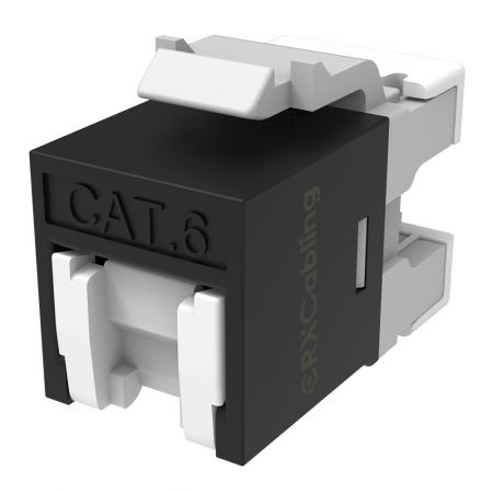 Conector de pared Ethernet UTP Cat.6 con obturador en color negro.