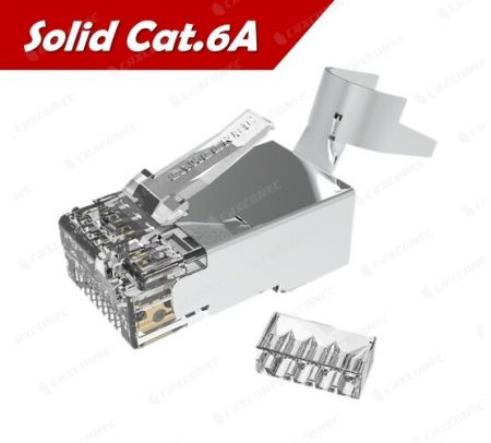 Conector RJ45 de calidad STP Cat.6A sólido con certificación UL para 1.2 mm en color plateado. - Conector RJ45 STP Cat.6A sólido con certificación UL para 1.2 mm en color plateado.