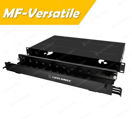 Panel de parcheo de fibra de 12 puertos deslizante frontal MF Verstile con cubierta de puerta y barra de soporte frontal - Panel de parcheo de fibra de 12 puertos