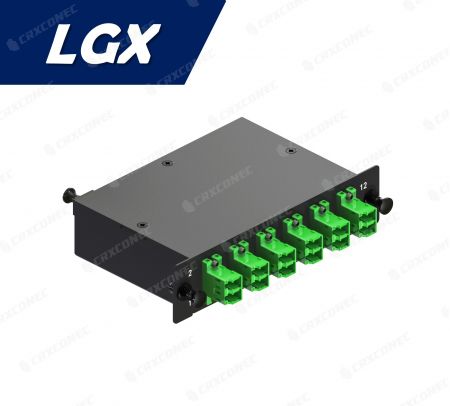 لوحة توزيع ألياف بصرية LGX من النوع 12C SM APC (1x12F إلى 6 كاسيت LC دوبلكس)، اللون الأخضر