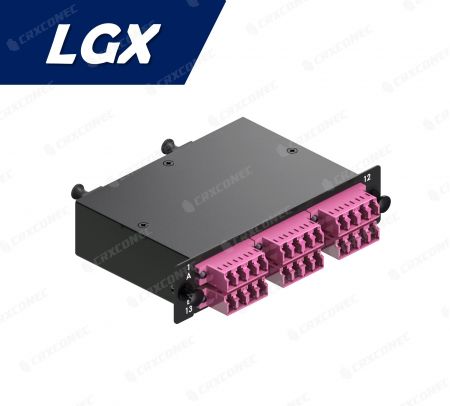 Casete de panel de parcheo óptico FO tipo LGX 24C OM4 (2x12F a 6 casetes LC cuádruples), violeta