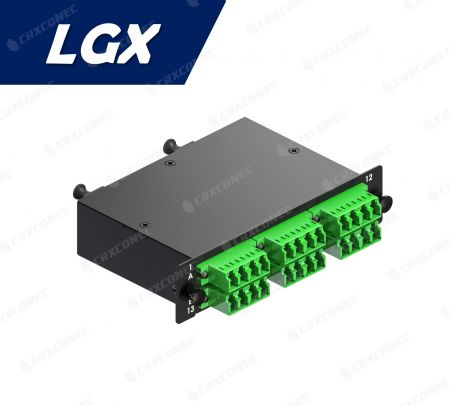 Casete de panel de conexión óptica LGX tipo 24C SM APC (2x12F a 6 casetes cuádruples LC), verde