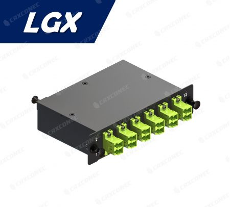 Casete de panel de parcheo de fibra óptica tipo LGX 12C OM5 (1x12F a 6 cassettes LC Duplex), verde lima - Panel de parcheo óptico LGX OM5