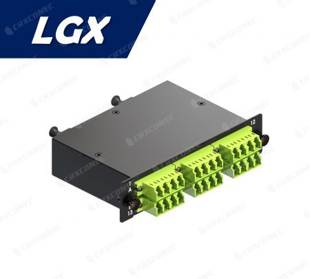 LGX 유형 24C FO 광학 패치 패널 카세트 OM5 (2x12F - 6 LC 쿼드 카세트), 라임 그린 - OM5 24 LGX 광학 패치 패널
