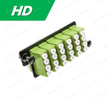 Panel adaptador OM5 de marco de distribución óptica ODF tipo HD 24C (6 LC Quad), verde lima - CRXCabling Panel adaptador OM5 de alta densidad 24C