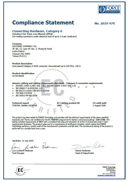 FORCE Cat6 UTP keystone jack Certification.