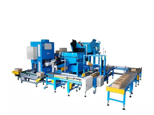 A collage showcasing various automatic packaging systems, including carton sealing and palletizing lines.