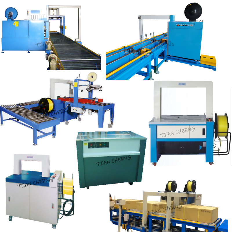 A collage of various strapping machines, showcasing different models for industrial packaging applications.